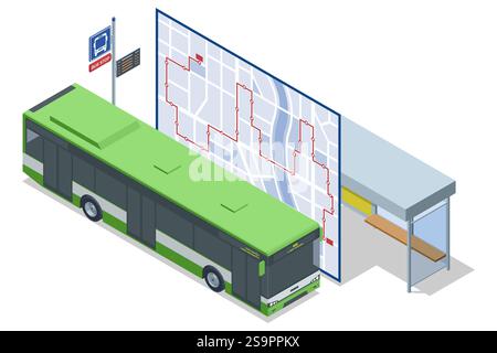 An isometric illustration of a bus stop with a green city bus and a detailed route map displayed on a wall. The map shows a bus route in red Stock Vector