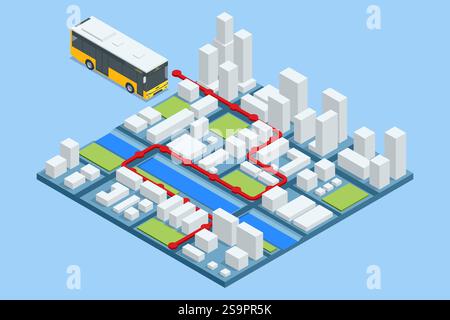 A vibrant isometric map showing a bus route winding through a modern cityscape with buildings and rivers, ideal for route planning Stock Vector