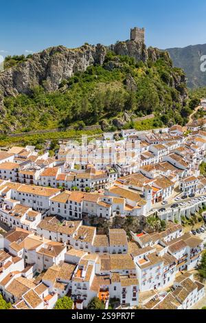 Aerial view of Zahara de la Sierra white villages of Andalucia in Spain ...