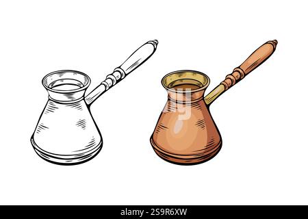 Engraving, coffee turk, vector illustration in color and line sketch Stock Vector