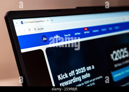 New York, USA - January 20, 2025: Jio website showcasing mobile network and broadband services displayed on a screen Stock Photo