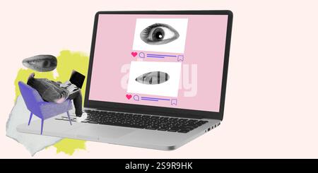Modern art collage. Person reclining in chair holding laptop, its screen displaying eyes and social media icons, representing engagement with digital Stock Photo