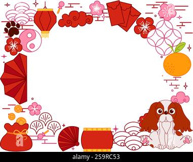 Chinese new year 2030 dog rectangle oval frame. Vector graphic line Asia oriental traditional ornament, frame and border. Lunar lantern festival illus Stock Vector