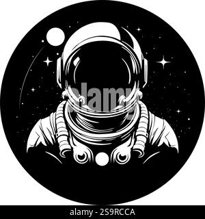 An astronaut is illustrated inside a black and white circle, representing the exploration of the cosmos in monochrome. Stock Vector