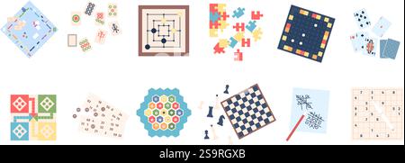 Family leisure board games. Chess monopoly puzzle cards. Isolated game for board and paper for adult and children freetime. Home fun recent vector set Stock Vector