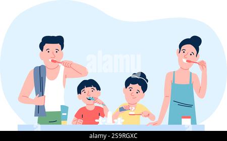Family in bathroom brushing teeth. Parent with kids doing morning or evening routine. Hygiene healthy habits, clean mouth, stomatology recent vector Stock Vector