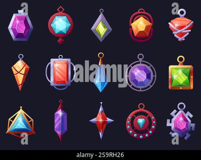 Gems game amulets. Magic crystals mascots icons, gui ui elements. Wizard witch or heroes amulet with colorful quartz orbs and gemstones, nowaday Stock Vector