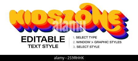 Editable text effect, graphic style template. Customizable tweaking contour style for kids zone and baby area, child games headline, child toy logo Stock Vector