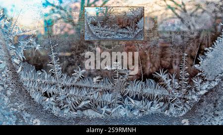 Ice crystals on Window - winter scenes Stock Photo