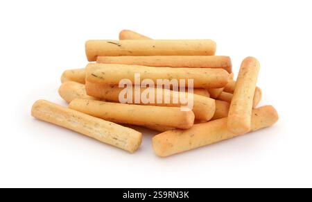Pile of delicious dry bread sticks isolated on white. Stock Photo