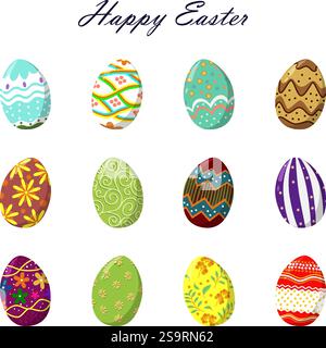 Happy Easter. Set of colorful decorated Easter eggs with different texture, pattern. Spring holiday. Isolated vector illustration. Stock Vector