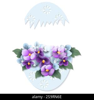 Happy Easter. Square template design with flowers, decorative Easter eggs. Isolated vector illustration. Stock Vector