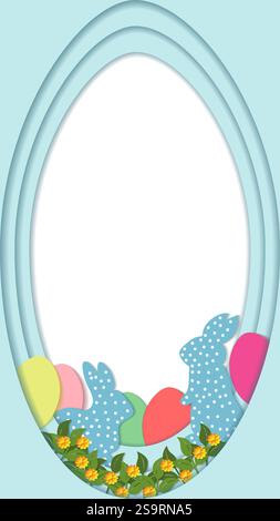 Vertical template design with with decorative bunnies, multicolored Easter eggs, grass, flowers. Isolated vector illustration. Stock Vector