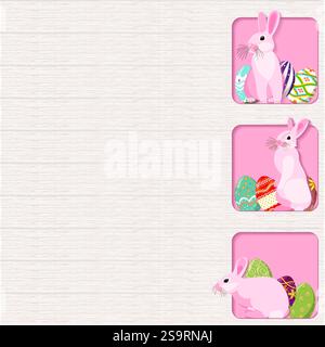Square template design with pink Easter bunnies and colorful Easter eggs. Isolated vector illustration. Stock Vector