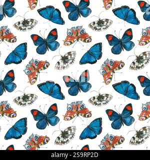 Butterflies of bright colors, peacock butterfly, nymphalidae, Morpho all objects are hand-drawn with watercolor. Seamless watercolor pattern. Stock Photo