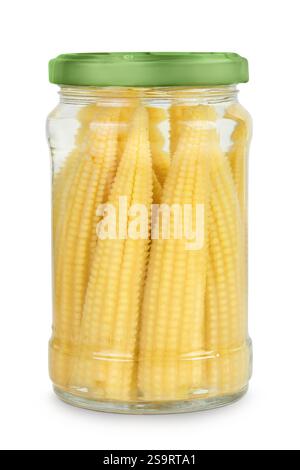 Jar of pickled young baby corn cobs isolated on white background Stock Photo