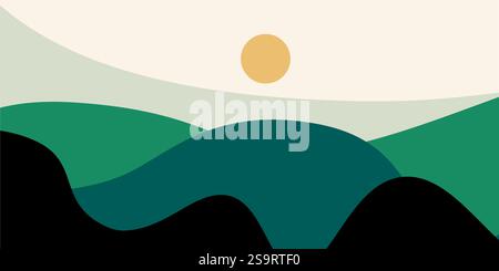 Modern Boho Abstract Landscape With Sun and Curved Blue and Green Lines Stock Vector
