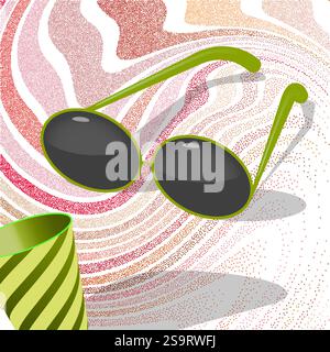 Abstract grainy sand texture. Wavy stippled gradient background. Summer vibe with sunglasses and paper cup. Vector illustration Stock Vector
