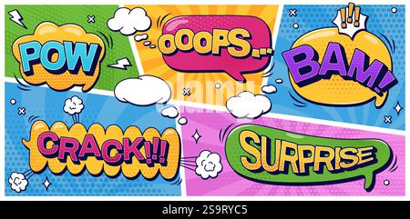 Pack with speech bubbles Pow Bam Surprise Crack Ooops text and halftone elements on color groovy shape pattern. Vector color cartoon illustrations in pop art style. Stock Vector