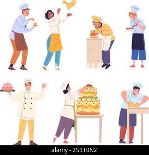 Confectioners. Pastry cooks making birthday cake baking sweets desserts, professional chef prepare cream ingredients, confectioners chief cook characters classy vector illustration original artwork Stock Vector