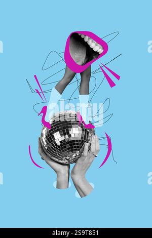 Vertical photo collage of anonym bodyless female legs mouth enjoy disco ball occasion weekend party hands isolated on painted background Stock Photo