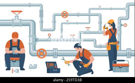 Professional workers service pipelines. Repair and maintenance of utility lines Stock Vector