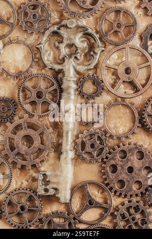 Grunge background with rusty gears and an old key in retro style Stock Photo