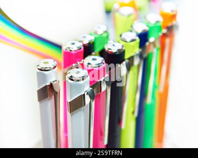 Colored ballpoint pens on a shop window Stock Photo