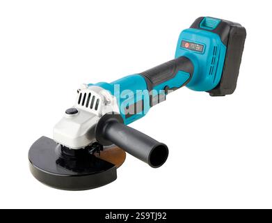 A cordless angle grinder with a blue and black body, a metallic head, and a black handle. Equipped with a circular grinding disc and a protective guar Stock Photo