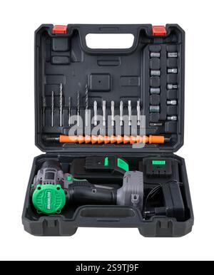 Cordless electric drill with a 21V lithium battery, ergonomic grip, and versatile functionality. Perfect for construction, DIY projects, and repairs Stock Photo
