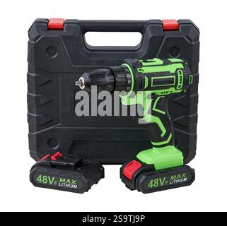 Cordless electric drill with a 48V lithium battery, ergonomic grip, and versatile functionality. Perfect for construction, DIY projects, and repairs Stock Photo