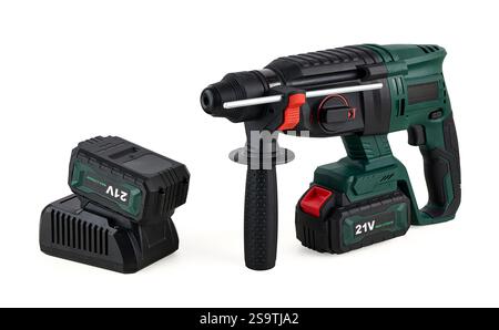 Powerful 21V cordless rotary hammer drill with ergonomic design, lithium battery, and charging dock. Ideal for drilling, hammering, and heavy-duty con Stock Photo