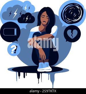 Depressed sad black skinned woman thinking over problems. Bankruptcy, loss, crisis, burnout syndrome, relationship trouble concept. Vector Stock Vector
