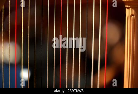 Close up looking through harp strings. Stock Photo