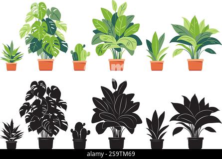Collection home plants and silhouettes of houseplants in black color. Potted plants isolated on white. Vector set green plants. Flat. Stock Vector