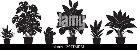 Collection silhouettes of houseplants in black color. Potted plants isolated on white. set green tropical plants. trendy home decor with indoor plants Stock Vector