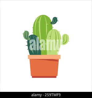 Illustration of multiple green cacti in a terracotta pot on a white background. Concept of indoor plants, gardening, and nature Stock Vector