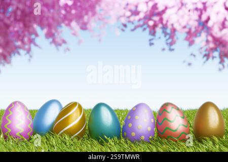 Colorful Easter eggs arranged on grass under a blooming tree, celebrating the Easter holiday. 3d rendering Stock Photo