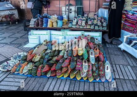 Vibrant Moroccan babouche slippers displayed for sale near the Souk in the bustling Medina of Marrakesh Stock Photo