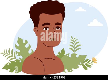 African American man. Male ethnicity portrait with nature and leaves. Mental health and ecology card. Concept beneficial effects of environment. Vecto Stock Vector