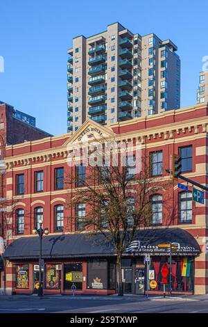 Contrast of old and new architecture on Columbia Street in New Westminster B.C. Canada Stock Photo