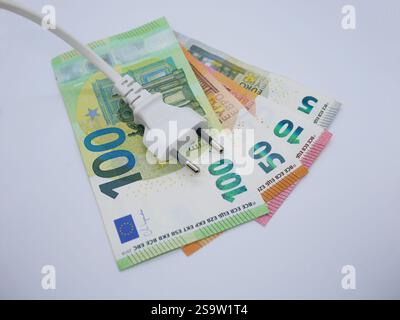 Electric power cable plug lies on a stack of money. Euro cash banknotes. The concept of increasing prices for electricity. Stock Photo