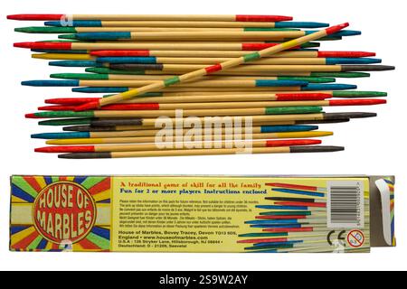 Pick Up sticks game by House of Marbles box with contents removed & information on back of box isolated on white background Stock Photo