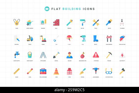 Builders gear and equipment, mechanic tool for brickwork and carpentry, toolbox for repair work color icon set. Construction crane and screwdriver, drill, wheelbarrow flat elements vector illustration Stock Vector