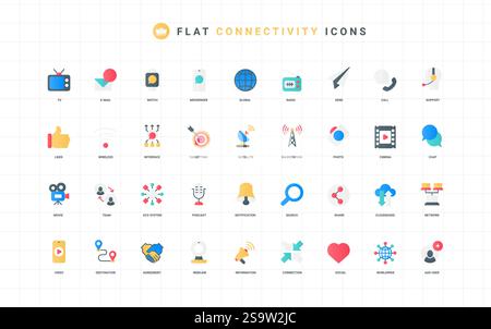 Network communication, cloud connection, mobile app settings, radio and TV color icon set. Call support and podcast, social media notifications and likes, email flat elements vector illustration Stock Vector