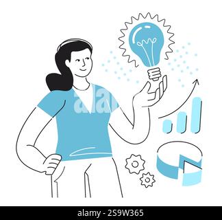 Successful innovative idea in business. Research, organization and planning of data. Woman holds light bulb Stock Vector