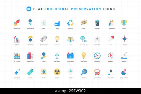 Green energy, renewable alternative sources, sustainability, eco care for forest and fish color icon set. Water purification, organic farming, clean and reduce waste flat elements vector illustration Stock Vector