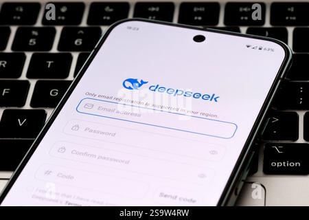 DeepSeek AI app registration form is seen on the Google Pixel 9 pro smartphone placed on laptop keyboard. Concept for a new chat bot, competitor to Go Stock Photo