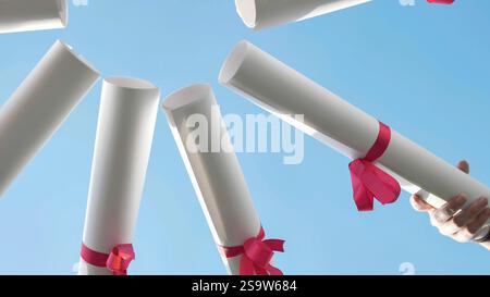 Group of graduates joyfully tossing their diplomas in the air under a clear blue sky Stock Photo