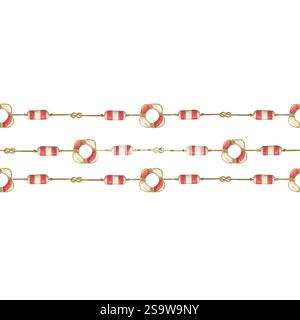 Hand drawn watercolor illustration. Seamless border made of marine gear, buoys, knots, rope, lifebuoy. Sea, marine, travel, rope, buoy, circle, lifebu Stock Photo